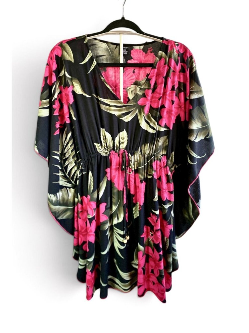 Favant Hawaii Tropical Floral Kaftan Tunic One Size Black Pink Green Beach Cover